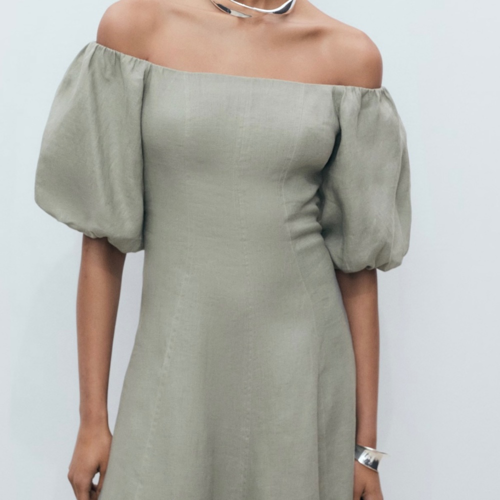 MANGo PUFFED-SLEEVE LINEN DRESS